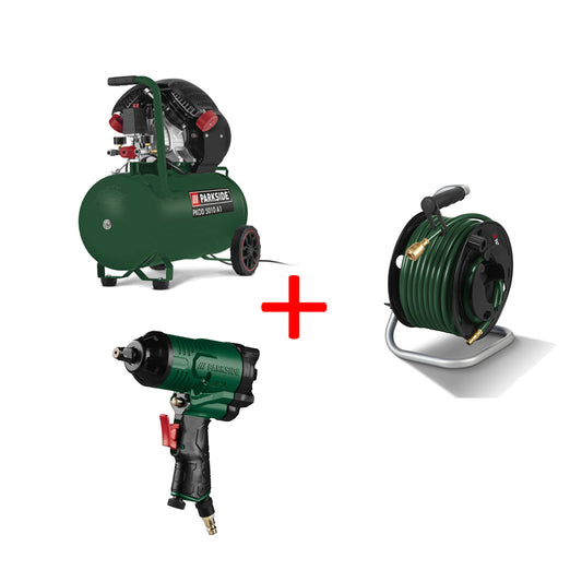 PARKSIDE®  DOUBLE CYLINDER COMPRESSOR + Air Hose Reel 20 m + Air wrench
